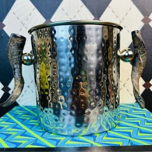 Hammered Stainless Steel Ice Bucket, Rustic Horn-Handle Lodge Cabin Style Bar